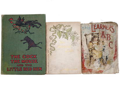 ANTIQUE ILLUSTRATED CHILDRENS BOOKS AND LINEN ABC: A lot of three antique childrens books. The Cock, the Mouse and the Little Red Hen retold by Felicite Lefevre, with illustrations by Tony Sarg, published by Richards, 1931, with dedication on the flyl