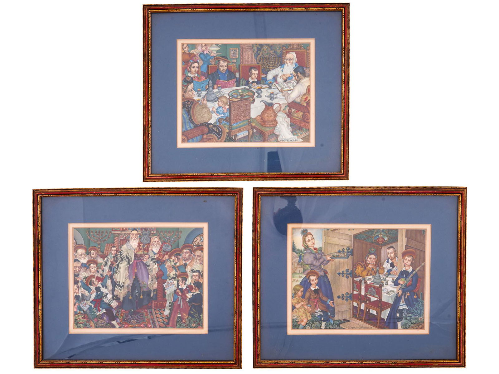 JUDAICA ILLUSTRATIONS LITHOGRAPHS BY ARTHUR SZYK: Arthur Szyk, Polish, American, 1894 to 1951, three illustrations, colored lithographs on paper depicting various scenes with Jewish family, 1948. Each is signed, inscribed, New Canaan, and dated 1948