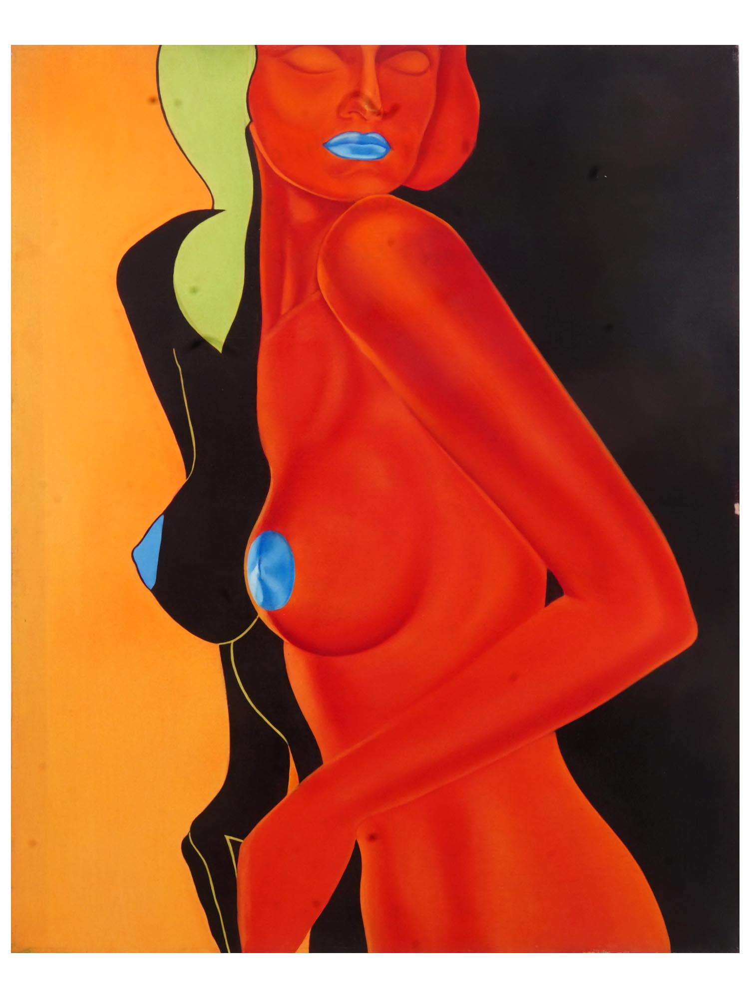 ARMENIAN PORTRAIT PAINTING BY VARTAN ARUTYUNYAN: Vartan Arutyunyan, Armenian, born 1961, oil on canvas portrait painting depicting a nude female figure. Inscribed and dated 1991, as well as entitled Blue, Red, Green to the back. Modern Paintings And