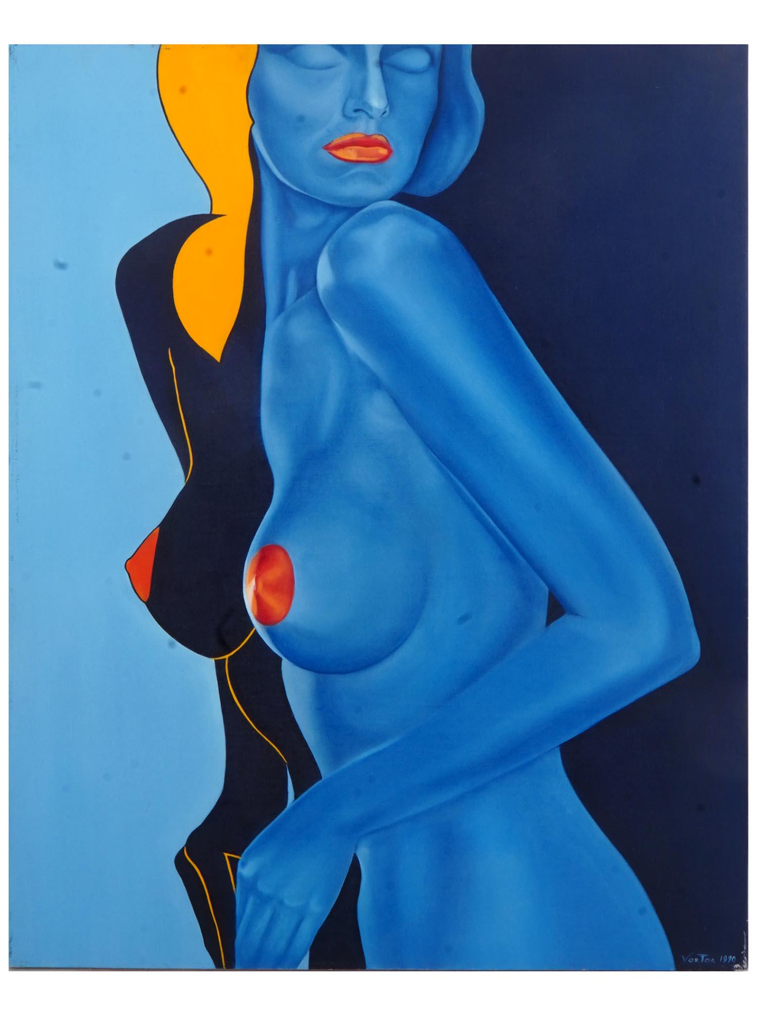 ARMENIAN PORTRAIT PAINTING BY VARTAN ARUTYUNYAN: Vartan Arutyunyan, Armenian, born 1961, oil on canvas portrait painting depicting a nude female figure. Signed lower by the artist and dated 1991. Additionally inscribed and entitled Blue, Red, Green 