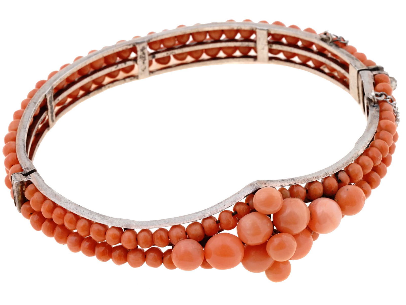 STERLING SILVER PINK CORAL BEADED BANGLE BRACELET (1 of 6)