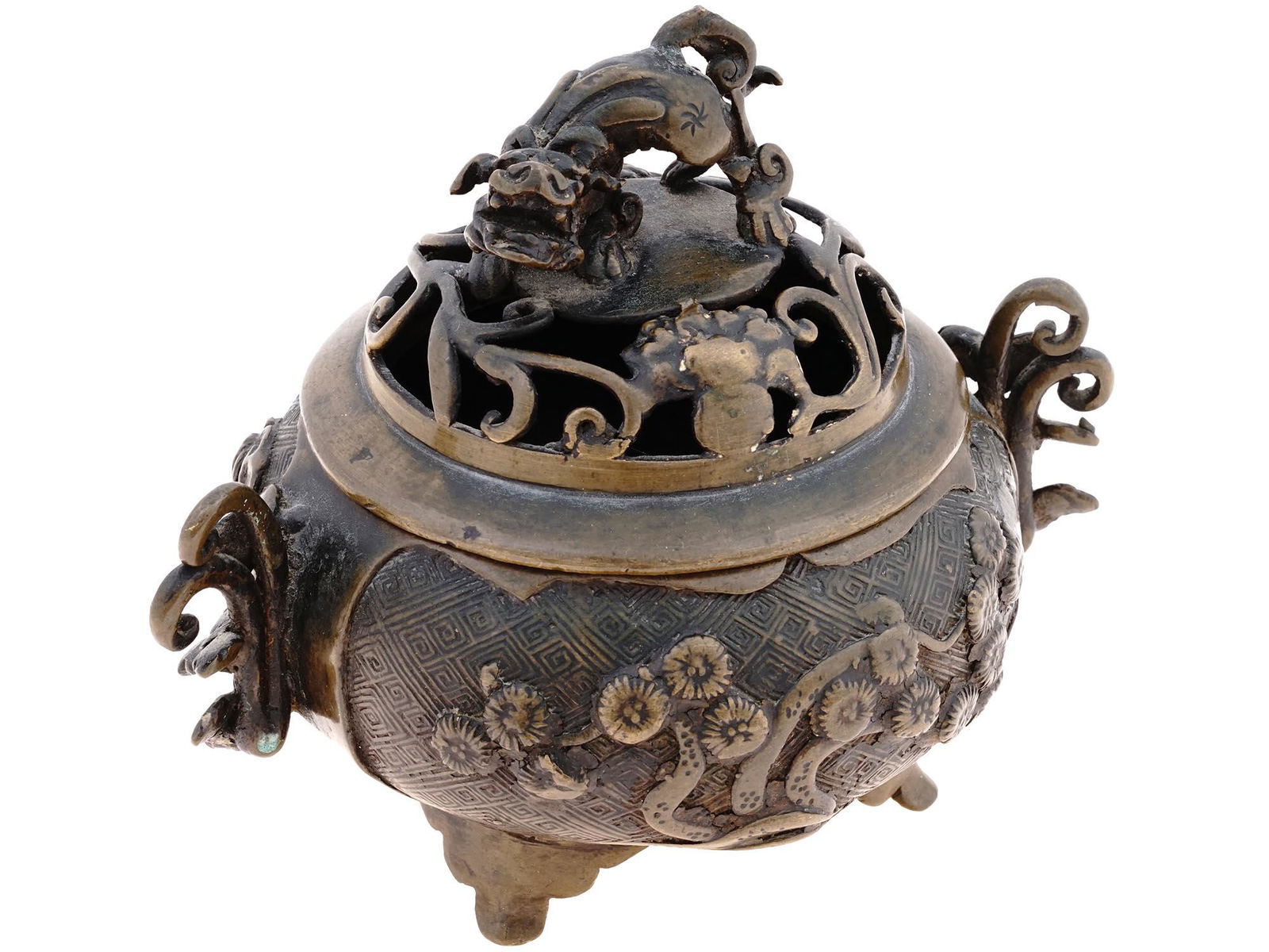 CHINESE QING BRONZE TRIPOD FOO DOG INCENSE BURNER (1 of 8)
