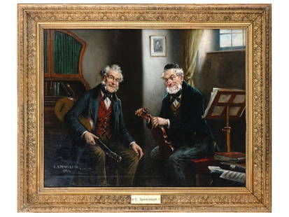 ENGLISH PORTRAIT OIL PAINTING BY CHARLES SPENCELAYH: Charles Spencelayh, English, 1865 to 1958, oil painting on canvas, Musicians and Friends, depicting a double portrait of men, a guitar player, 1946. Signed and dated, lower left. Framed. A gold tone