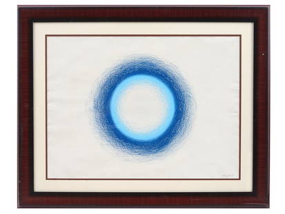 POLISH OPTICAL ART OIL PAINTING BY WOJCIECH FANGOR: Wojciech Fangor, Polish, 1922 to 2015, oil crayon on paper depicting an Optical composition, 1974. Signed, and dated, lower right. Framed. A paper label of the Chalette International, on the backside.