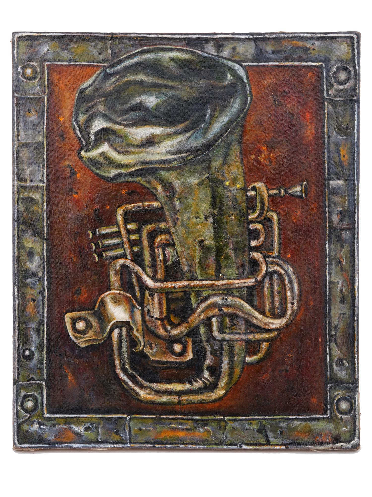 RUSSIAN TRUMPET OIL PAINTING BY ANDREI GROSITSKY: Andrei Grositsky, Russian, Soviet era, 1934 to 2017, oil painting on canvas, The Trumpet, 1987. Signed, titled, and dated, on the backside. Andrei Borisovich Grositsky was a Russian artist. His work i