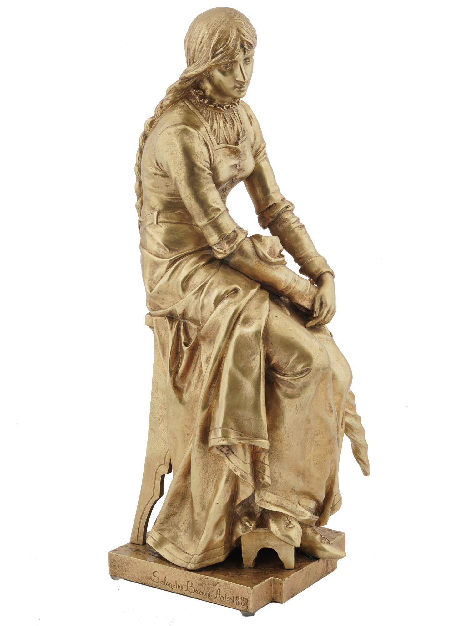 FRENCH GILT BRONZE SCULPTURE BY EUGENE MARIOTON: Eugene Marioton, French, 1857 to 1933, gilt bronze sculpture, Marguerite, depicting a young woman sitting with an umbrella. Mounted on a rectangular shaped base. Signed, Eug. Marioton, on the base. In