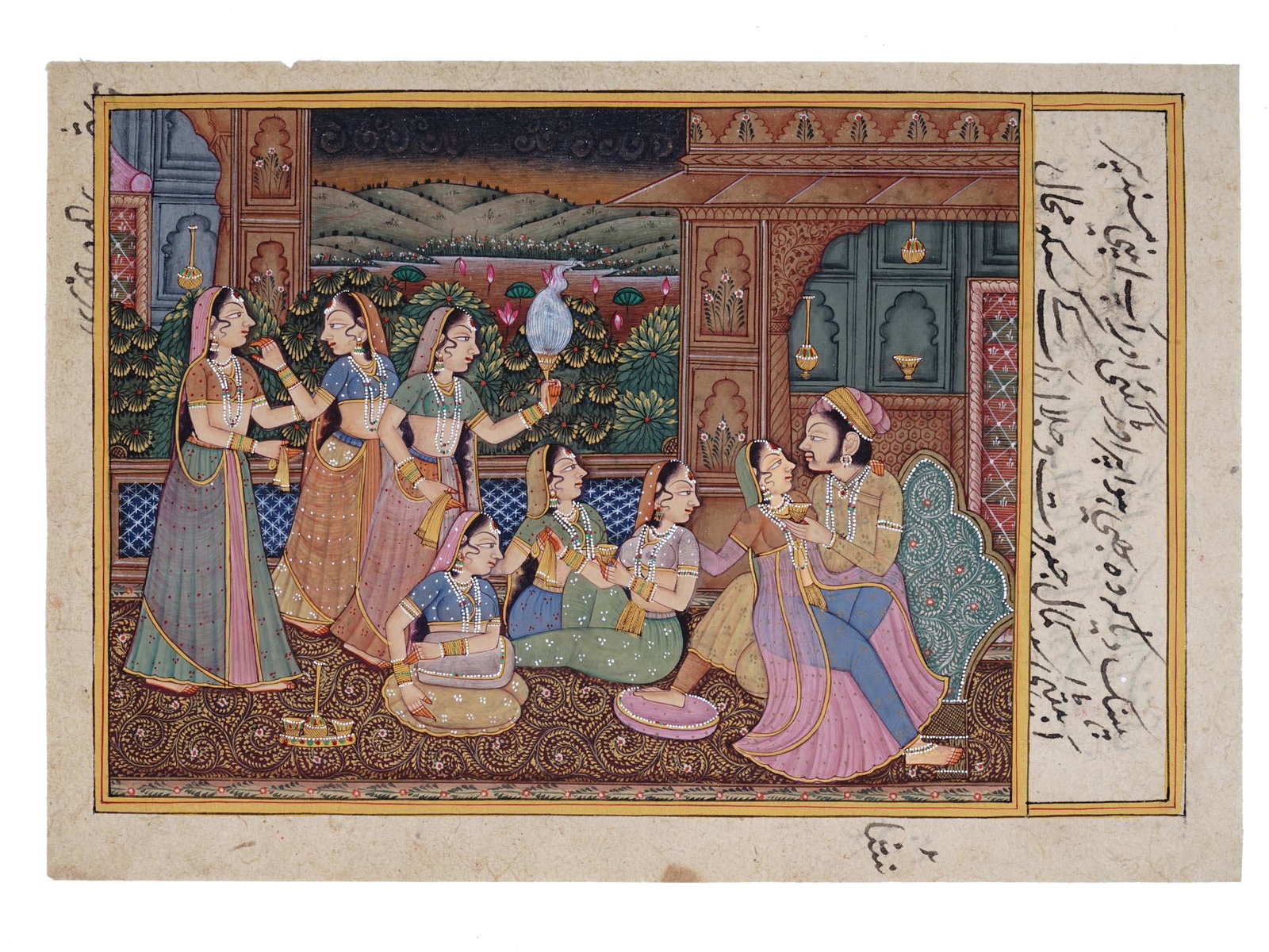 ANTIQUE INDIAN MUGHAL COURT SCENE PAINTING: An antique Indian Mughal ink, gouache and gold color on paper miniature painting depicting a court scene with ladies entertaining, dancing and offering drinks and beverages. Inscribed with Mughal call