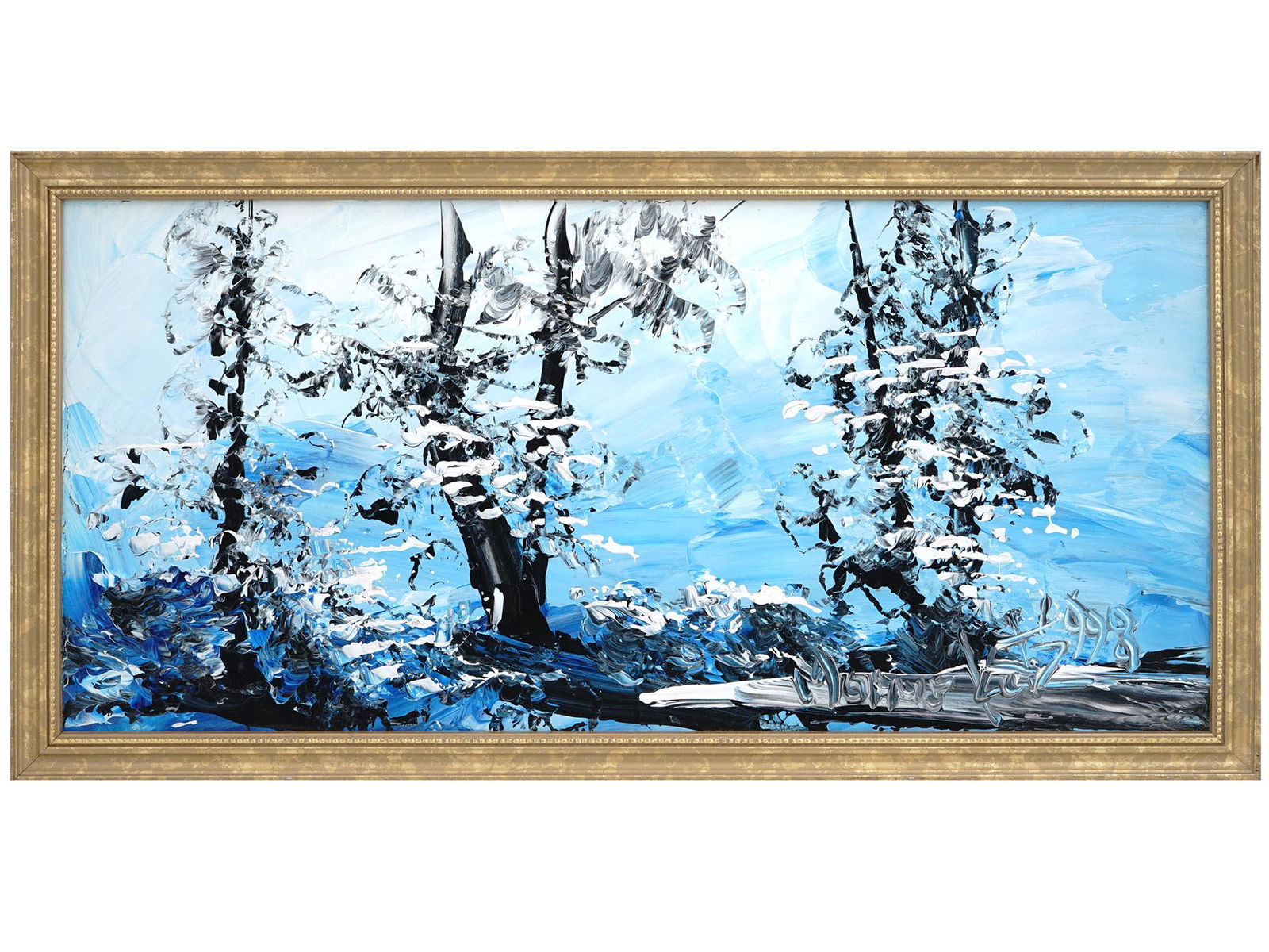 JUDAICA OIL ON BOARD PAINTING BY MORRIS KATZ 1998: Morris Katz, Jewish, Polish, Ukrainian, American, 1932 to 2010, oil painting on board depicting an Expressionist landscape with a winter forest view, 1998. Signed and dated lower right. Framed. With a