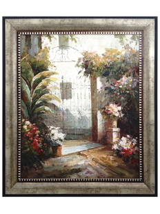 AMERICAN PAINTING GARDEN GATE AFTER ANTHONY THIEME: After Anthony Thieme, 1888 to1954, oil on canvas painting depicting a garden gate. Unsigned. Framed. Anthony Thieme was a landscape and marine painter and a major figure of the Rockport School of Amer