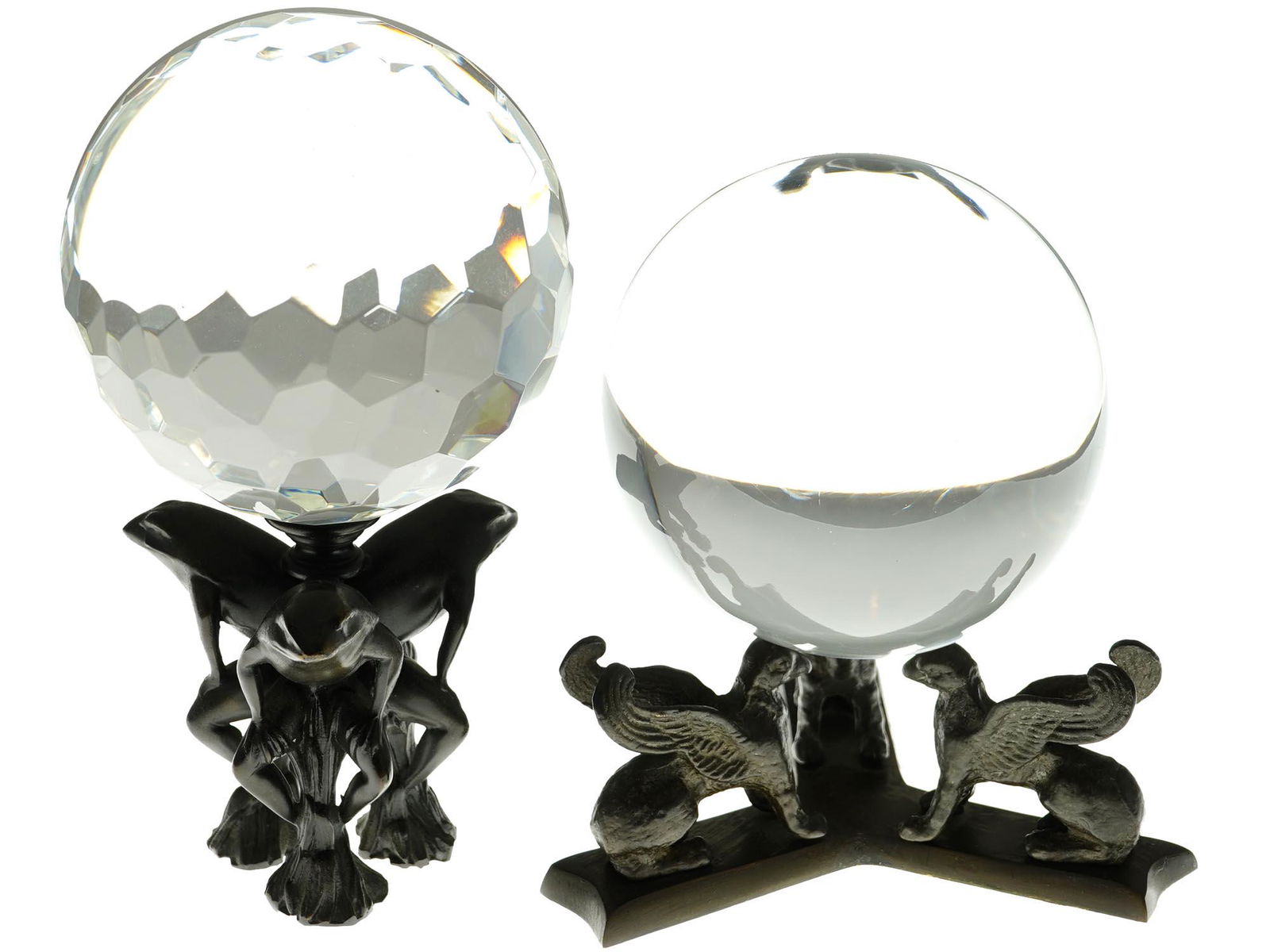 TWO ART GLASS BALLS ON CAST METAL STANDS (1 of 4)