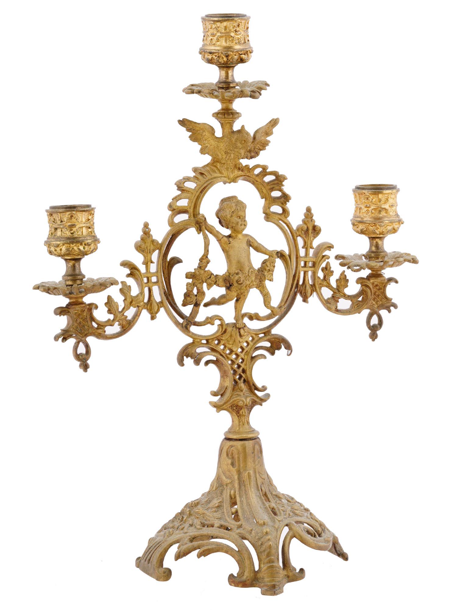 ANTIQUE FRENCH GILT BRONZE THREE LIGHT CUPID CANDLESTICK (1 of 5)