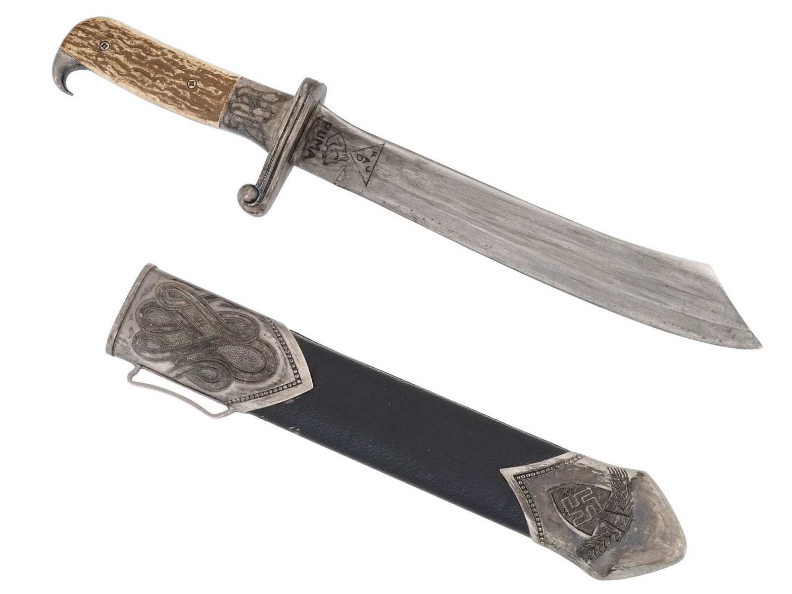 NAZI GERMAN WWII RAD LABOR FRONT MINIATURE DAGGER: A World War II Nazi German Third Reich miniature stainless steel dagger with a matching black leather scabbard. The dagger has a hardwood grip. The blade is decorated with an acid etched inscription A