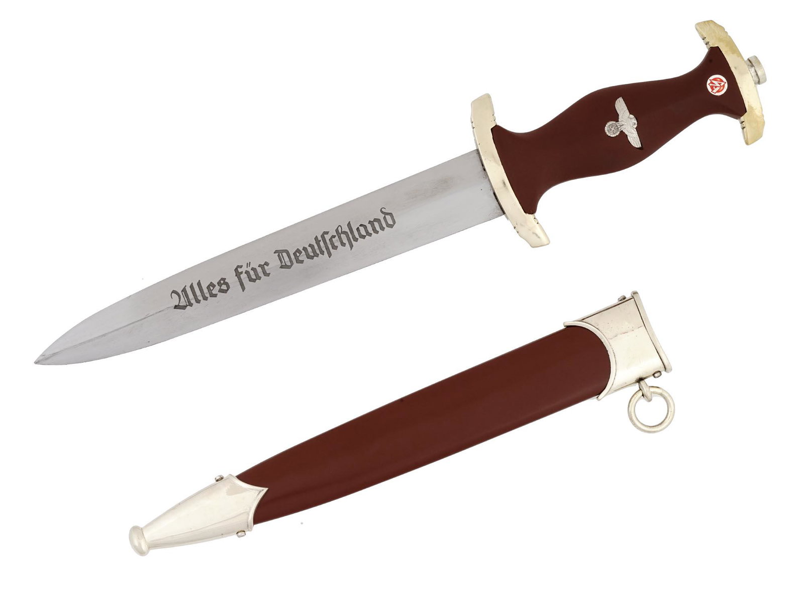 NAZI GERMAN WWII SA DAGGER BY BOKER SOLINGEN: A WWII Nazi German Third Reich SA dagger. The double edged steel blade of the dagger is engraved with the motto in German, Alles Fur Deutschland, Everything for Germany. The dagger features a fruitwoo