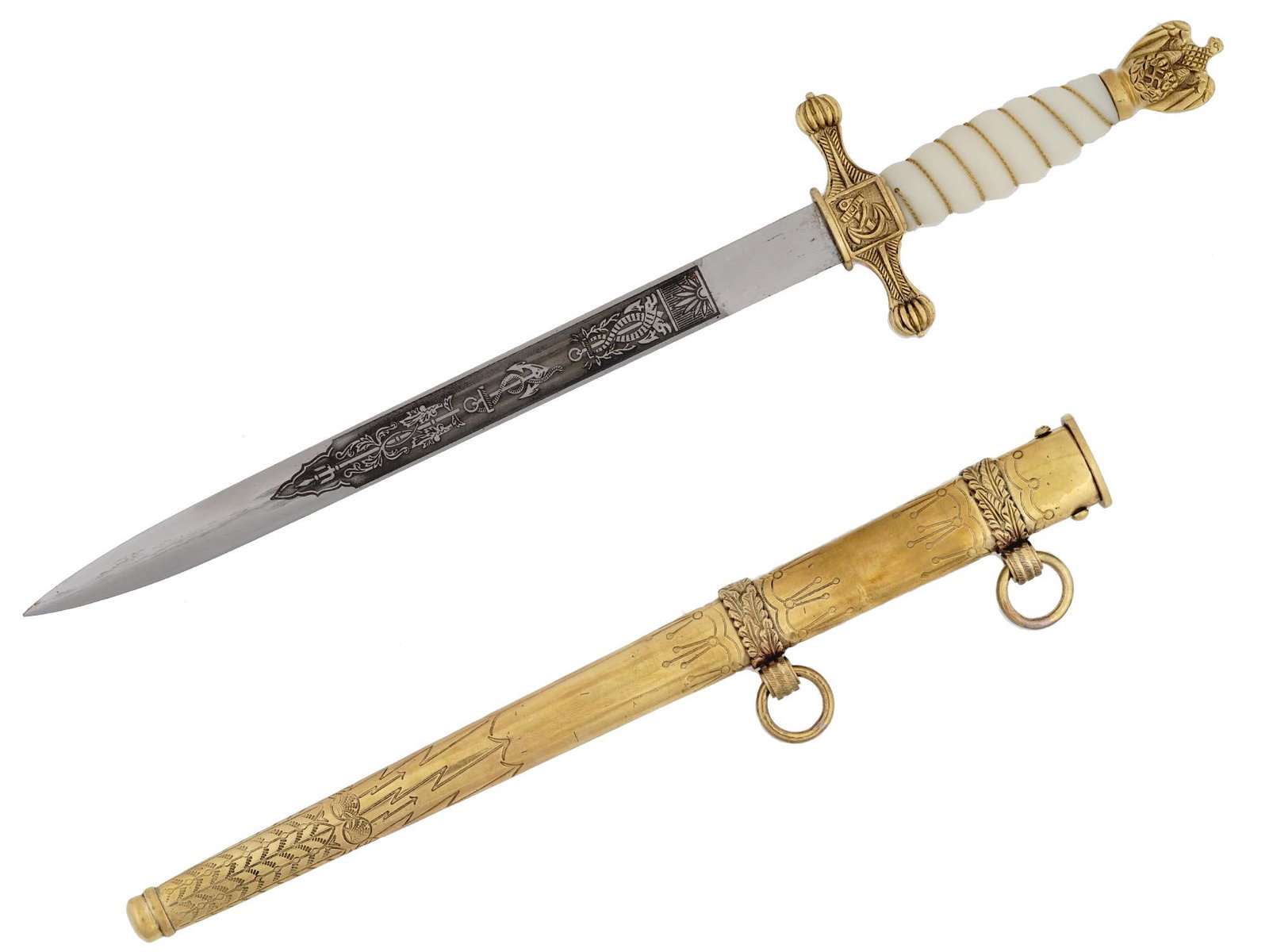 GERMAN WWII KRIEGSMARINE DAGGER BY WKC SOLINGEN: A WWII Nazi German Third Reich Naval officers dagger. The nickel plated steel blade is two edged and adorned with etched marine ornaments. The white barrel shaped plastic handle is wound with twisted 