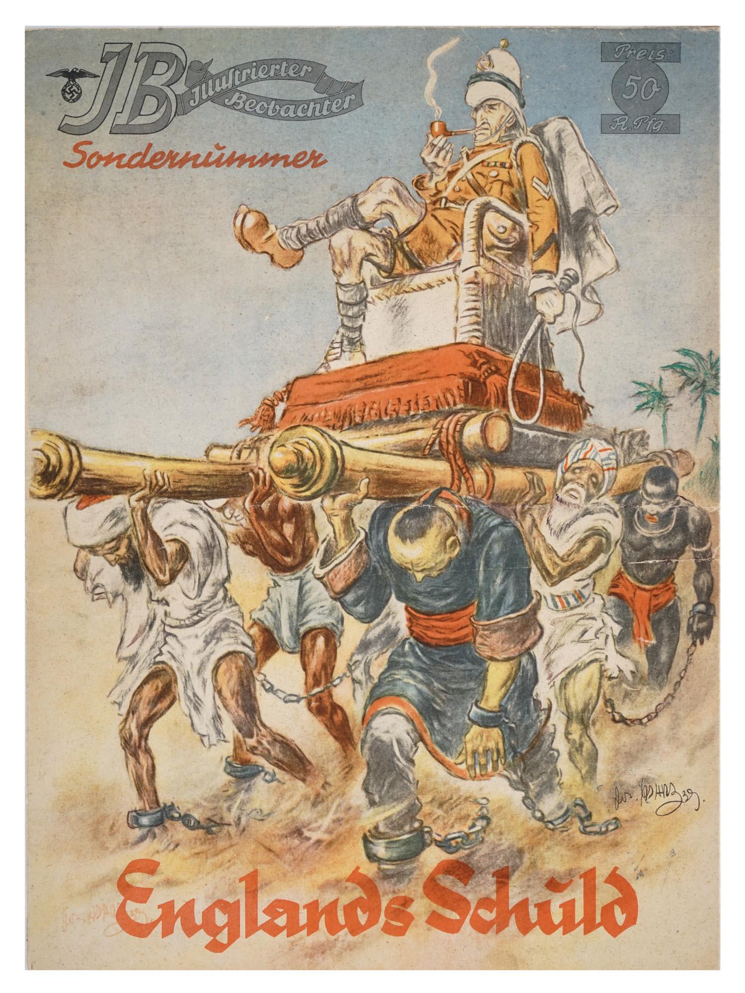 RARE WWII GERMAN ILLUSTRATION FOLDING MAP OF ENGLAND: A WWII Nazi German cover portion of a folding world map, Englands Schuld, Englands Shame, that served as a wrapper for a special supplement of the Nazi publication Illustrierter Beobachter. The 48 pag