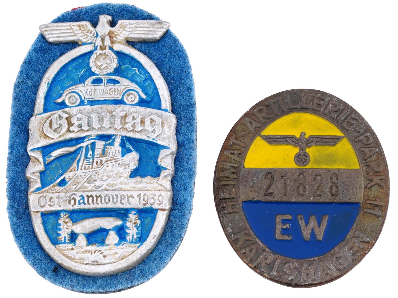 WWII NAZI GERMAN GAUTAG SHIELD ARTILLERY BADGE: A pair of WWII German Nazi Third Reich Military enamel metal awards. The first is a 1939 VW KdF Wagen Gautag Ost Hannover shield, the front shows a Reichsadler; relief images of a Volkswagen Bug and a