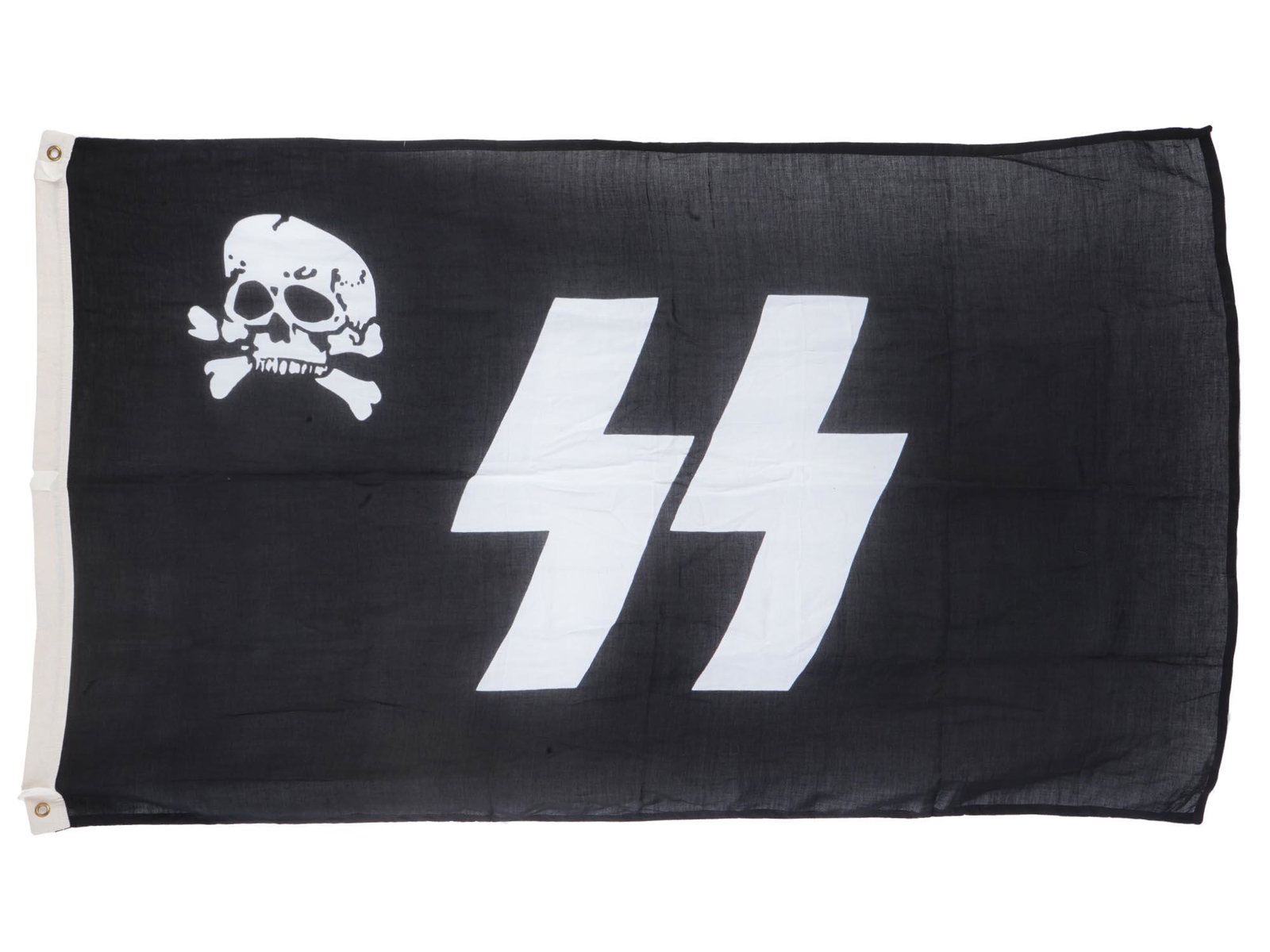 WWII GERMAN REICH SS TOTENKOPF BANNER FLAG: A WWII Nazi German Third Reich SS Totenkopf banner flag with white Totenkopf emblem and SS runes on a black ground. With two metal rings to secure the flag. Second World War Nazi German War Flag And T