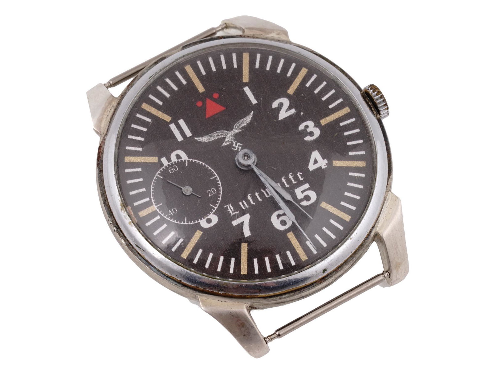 GERMAN WWII LUFTWAFFE SS PILOTS WRIST WATCH: A WWII Nazi German Luftwaffe SS Pilots wrist watch. A stainless steel bezel. A black enameled dial with white Arabic numerals, silver tone hands, and an image of a Nazi eagle swastika insignia, and a 
