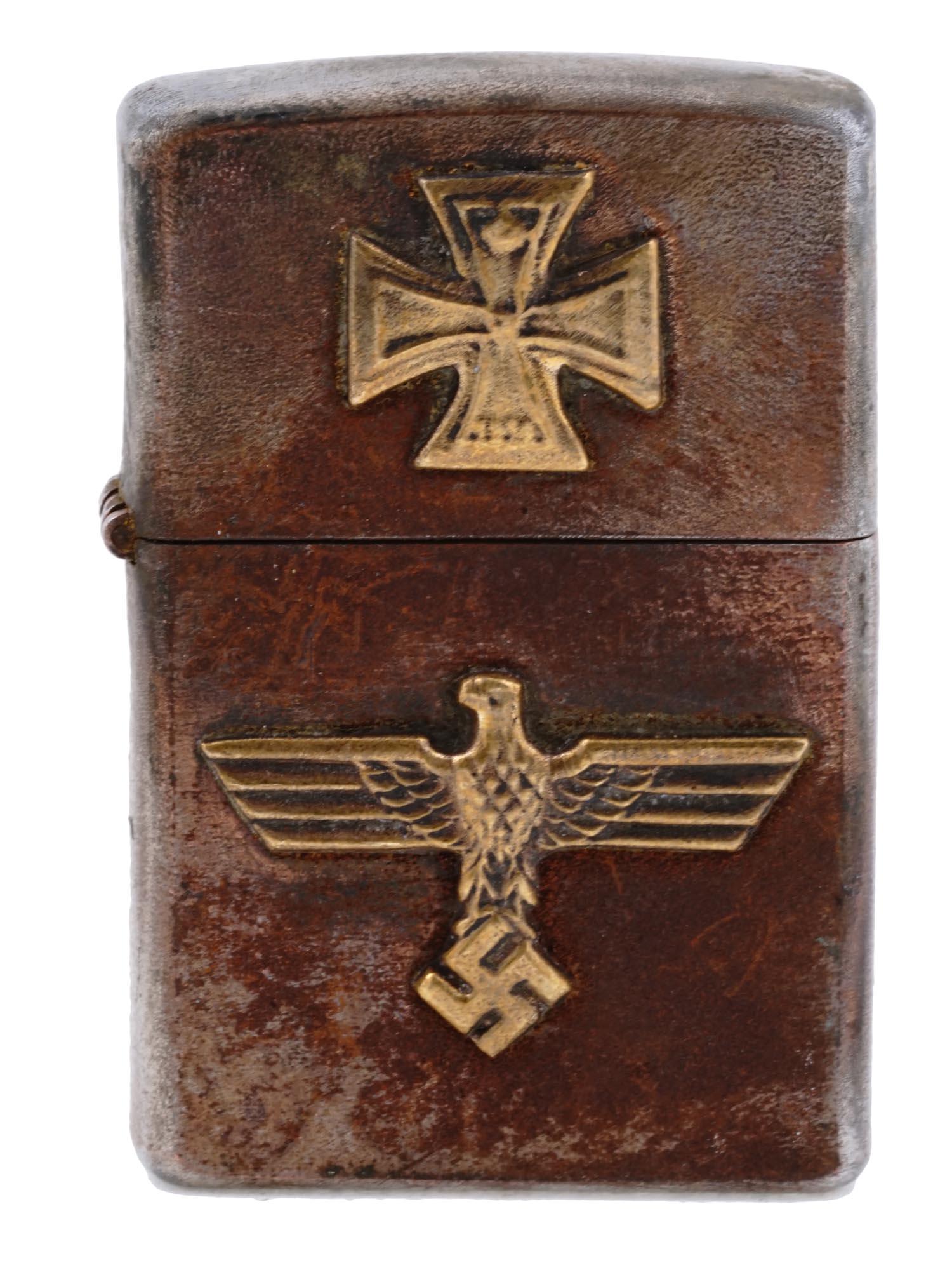 NAZI GERMAN WWII HEER ARMY CIGARETTE LIGHTER: A WWII Nazi German Third Reich Heer Army military pocket gas lighter. Stainless steel body decorated with gilt overlays, a Reichsadler, a Nazi eagle, and the Iron Cross, on the front side. Marked, RZM