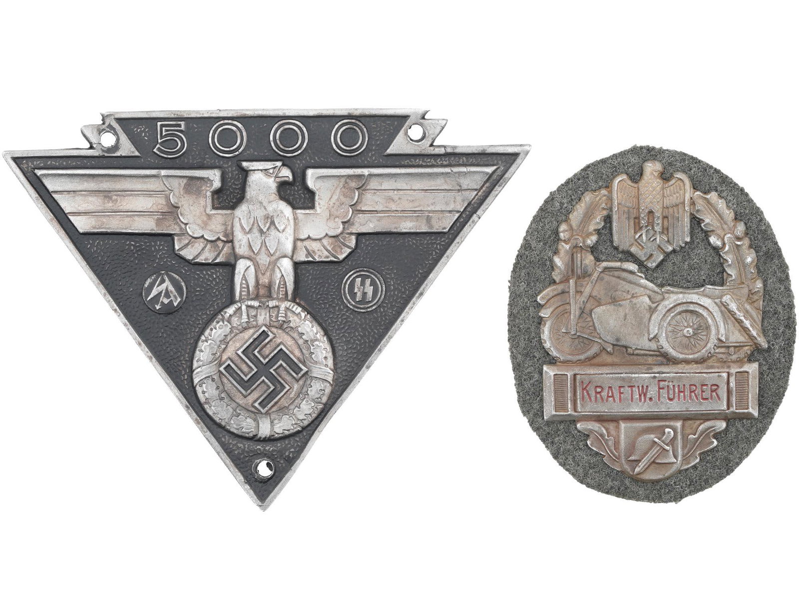 WWII GERMAN THIRD REICH SS SA BIKER AWARD SHIELDS: A set of two WWII Nazi German shields including an Army Heer Kraftw Fuhrer Motorcycle shield with a profile of a motorcycle with side care in the center with a dagger and a German helmet at the base, 