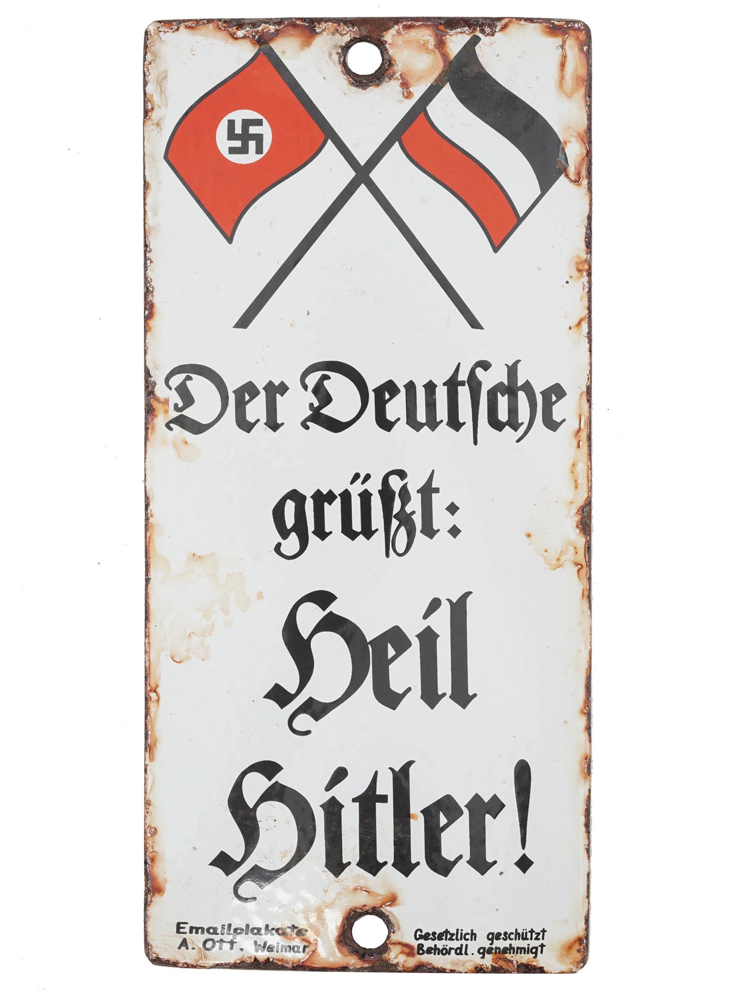 WWII NAZI GERMAN NSDAP PROPAGANDA STREET SIGN: A World War II German enameled tin plate, a street sign with a Third Reich flag, flag of Yugoslavia, and inscription Der Deutsche grusst: Heil Hitler! The German greets: Heil Hitler! Technical inscrip