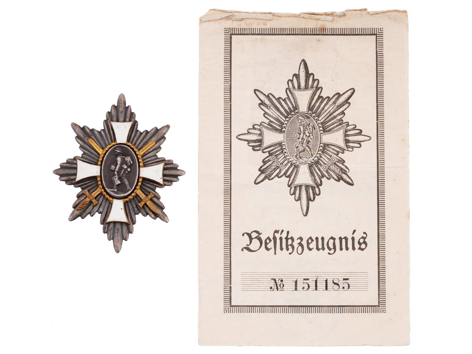 POST WWI GERMAN HAMBURG FIELD HONOUR AWARD: A post WWI German Hamburg Field Honour Award featuring a vertically elongated eight pointed silver star with superimposed white enameled cross and a central oval medallion bordered with small gilt bea