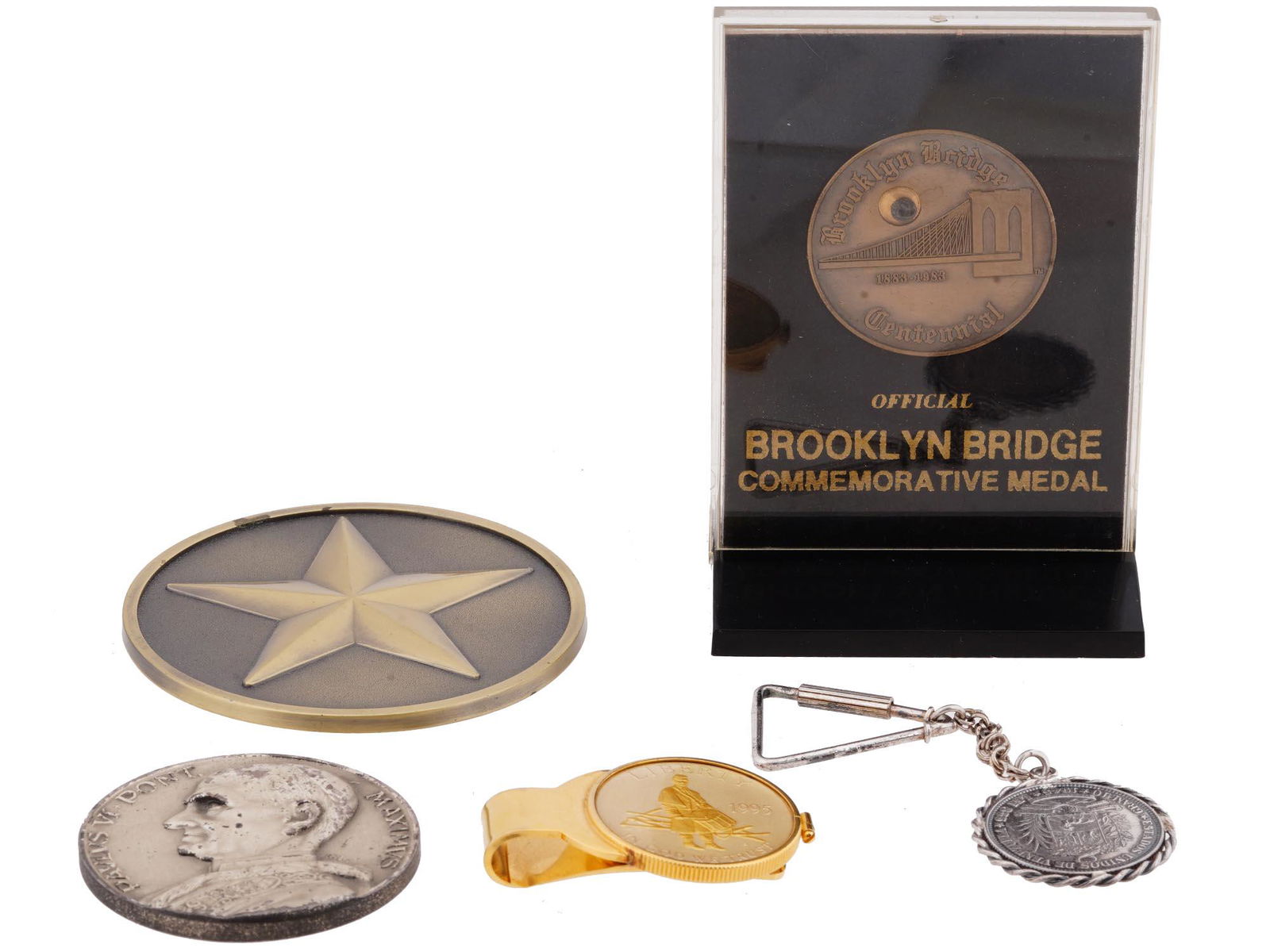 VINTAGE MEDALS AND COINS INCL BROOKLYN BRIDGE MEDAL (1 of 4)