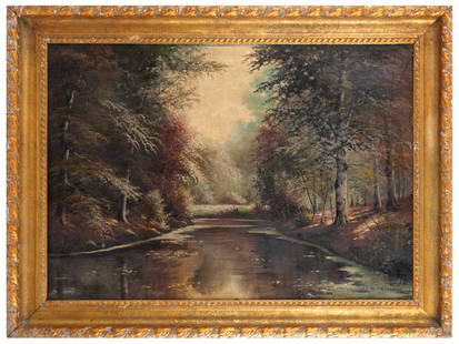 JOHN WESLEY HARDRICK AMERICAN OIL PAINTING: John Wesley Hardrick, American, 1891 to 1968, a Mid century oil on canvas painting depicting a forest landscape. Signed lower right. Housed in an original period gilt wood and gesso frame. Note: John