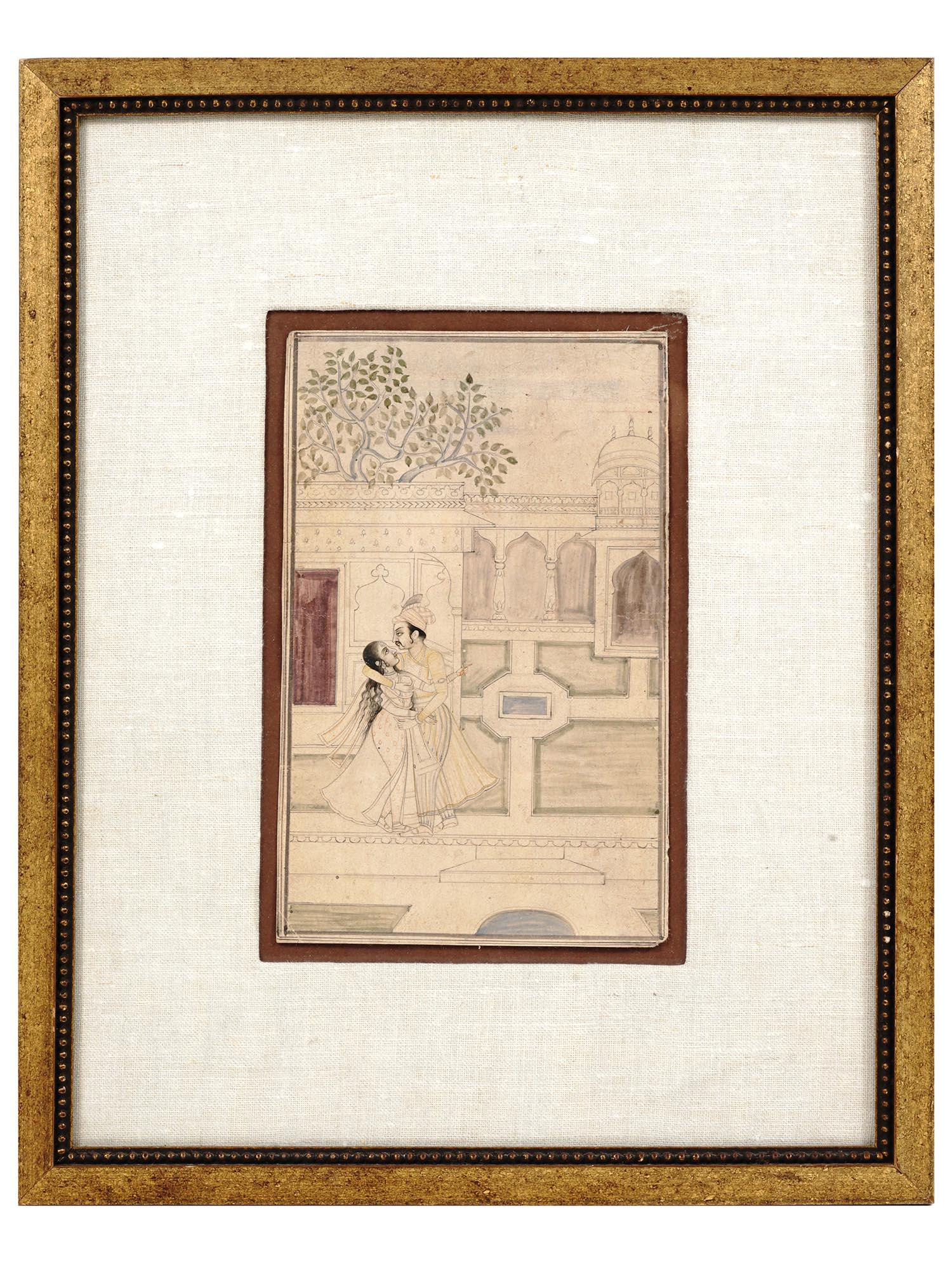 ANTIQUE INDO PERSIAN MUGHAL COUPLE SCENE PAINTING: An antique Indo Persian Mughal Art miniature mixed media, gouache and pencil, painting on antique leaf depicting a Royal court scene with a couple of lovers in bold colors and with fine details. Circa