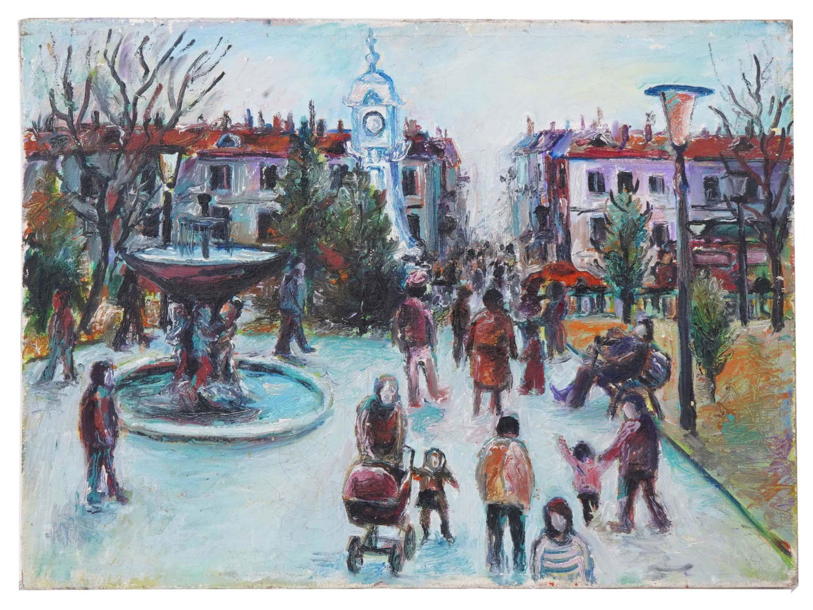 VINTAGE RUSSIAN TOWN SQUARE OIL PAINTING UNSIGNED (1 of 4)