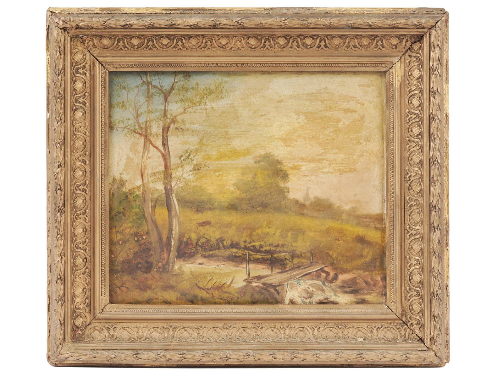ANTIQUE EARLY 20TH C LANDSCAPE OIL PAINTING: An antique early 20th century oil on board painting depicting a landscape with a wooden bridge. Apparently unsigned. Housed in an old richly decorated gilt wood and gesso frame. One of a kind artwork.