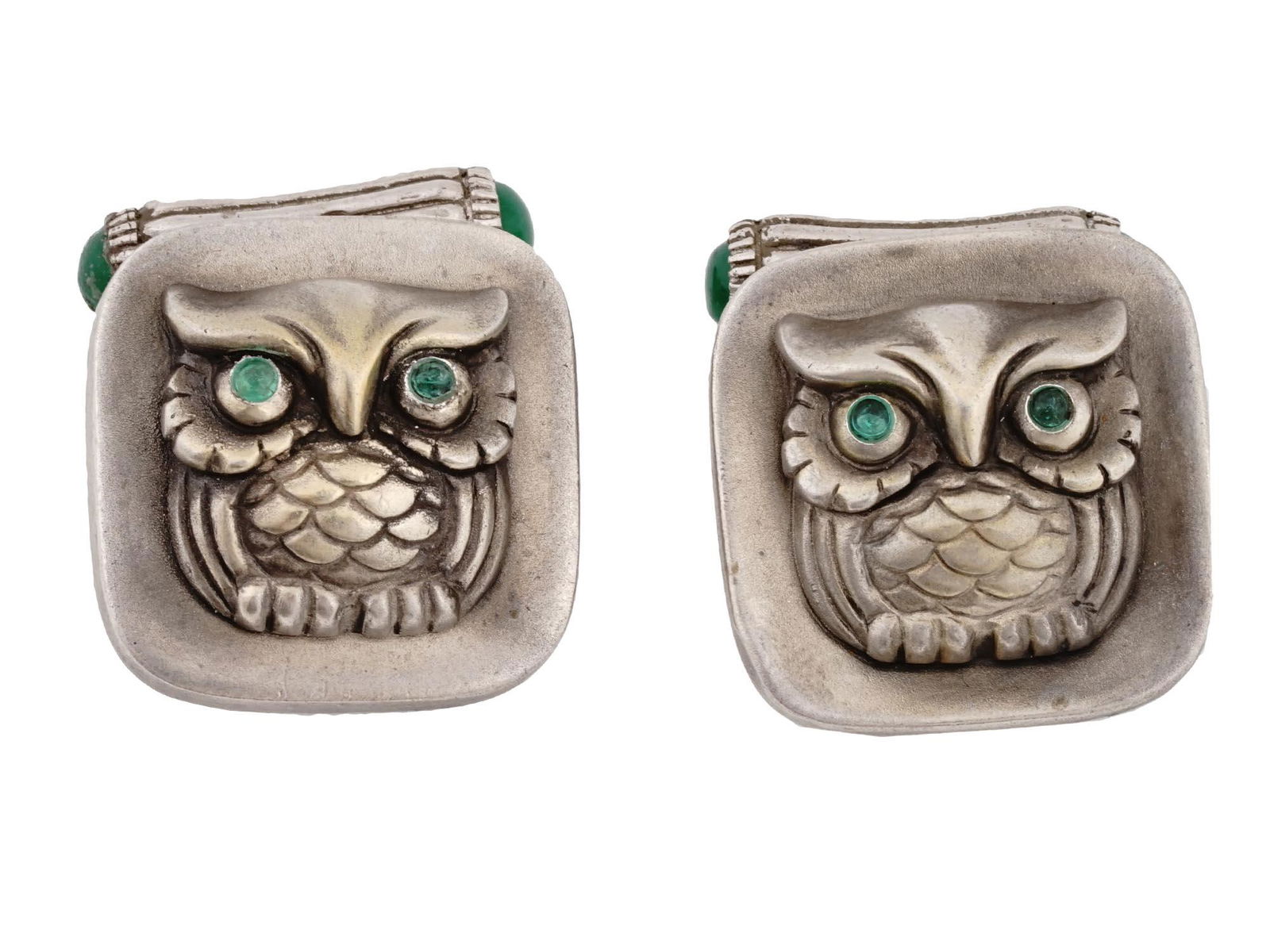 RUSSIAN 88 SILVER EMERALD STONES OWL CUFFLINKS (1 of 4)