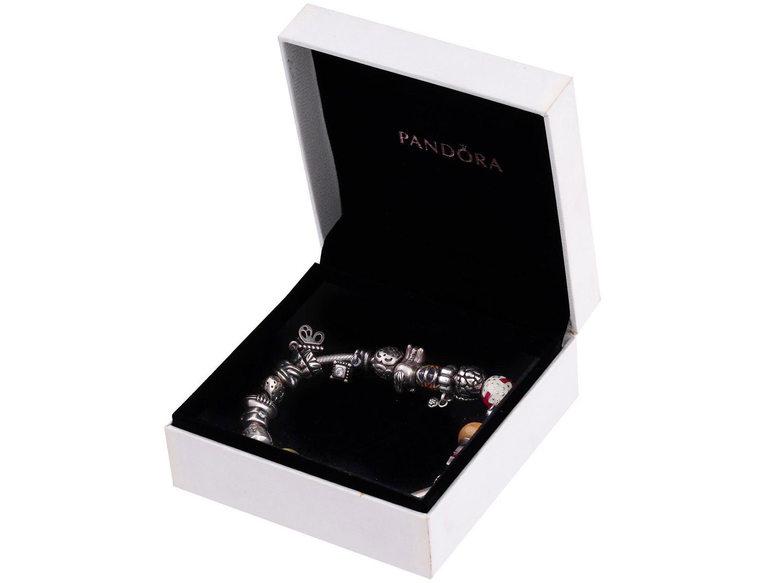 PANDORA BRACELET W SILVER AND GOLD BRAND CHARMS: A classic Pandora charm silver bracelet with multiple silver, gold and art glass charms of various shapes and designs. Complete with a Pandora branded box. Fashionable Jewelry, Charm Bracelets, Gifts