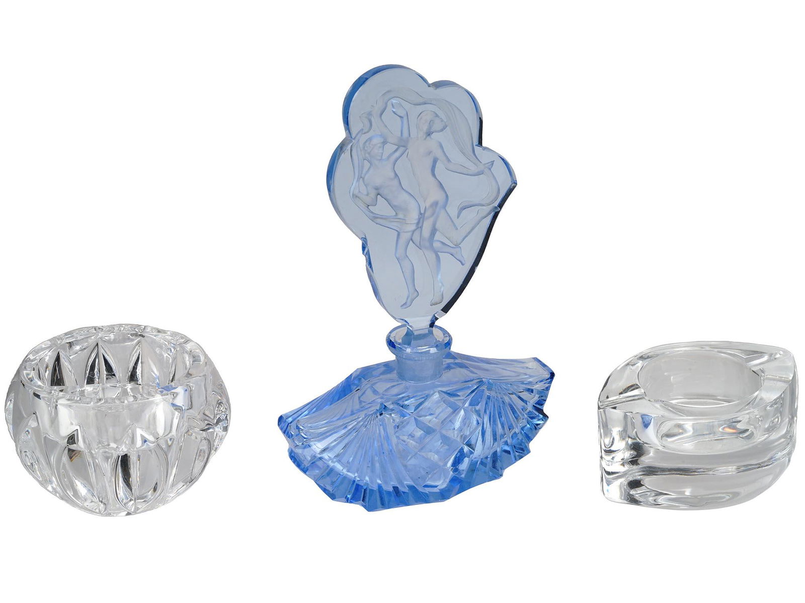 VINTAGE ART DECO GLASS ASHTRAYS AND PERFUME BOTTLE (1 of 9)