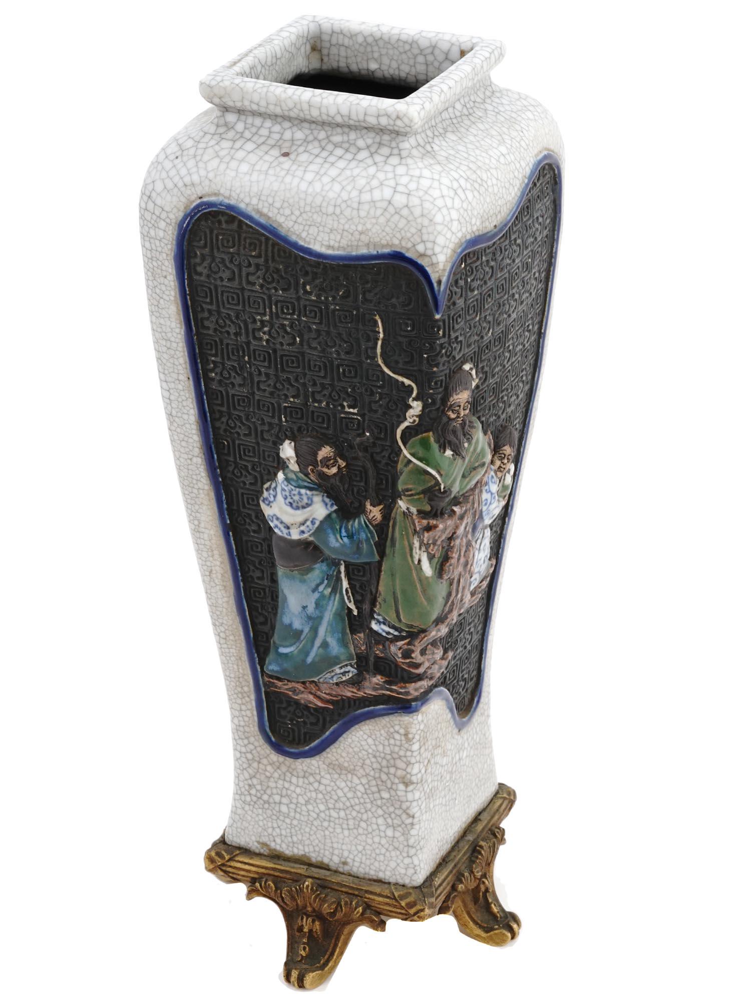 JAPANESE MEIJI SUMIDA CERAMIC VASE W BRONZE STAND (1 of 7)