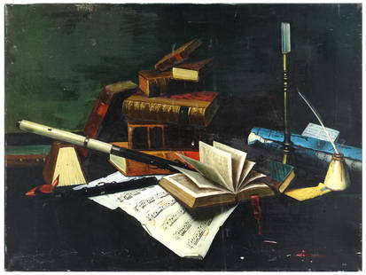 STILL LIFE WITH BOOKS PAINTING AFTER W.M. HARNETT: Oil on canvas painting, after an 1878 artwork titled Music and Literature by William Michael Harnett, 1848 to 1892, an American artist of trompe loil and still life genre. The piece depicts a stack of