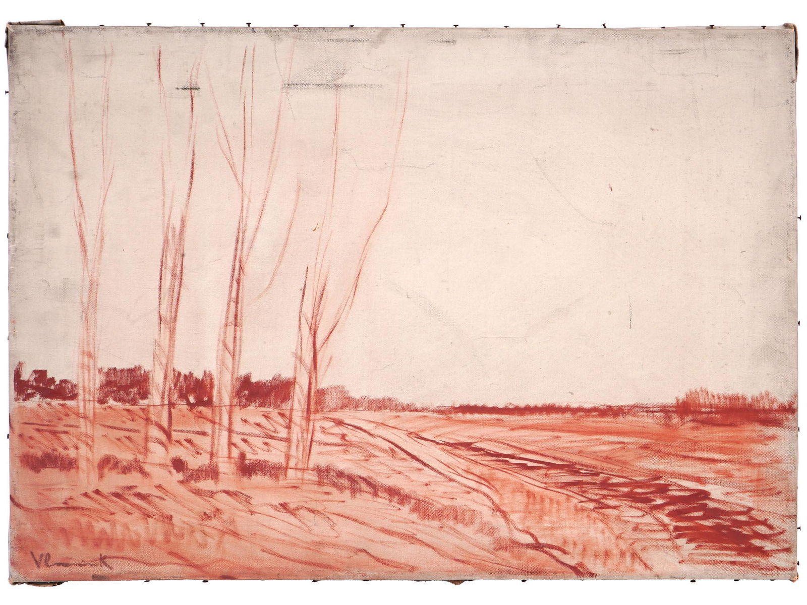 FRENCH LANDSCAPE PAINTING BY MAURICE DE VLAMINCK: Oil on canvas painting by Maurice de Vlaminck, 1876 to 1958, a French artist considered one of the principal figures of Fauvism alongside Andre Derain and Henri Matisse. The artwork is a sketch of a f