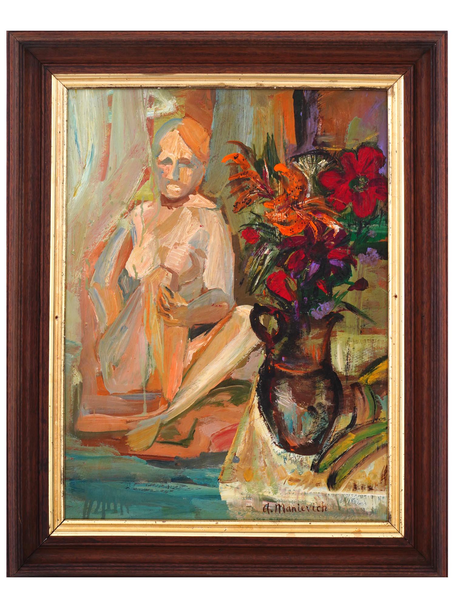 RUSSIAN DOUBLE SIDED NUDE PAINTING BY ABRAHAM MANIEVICH: Abraham Manievich, aka Abram Manevich, Russian, American, 1881 to 1942, double sided oil paintings on masonite board. The first depicts a female nude figure with flowers in a vase, signed lower right.