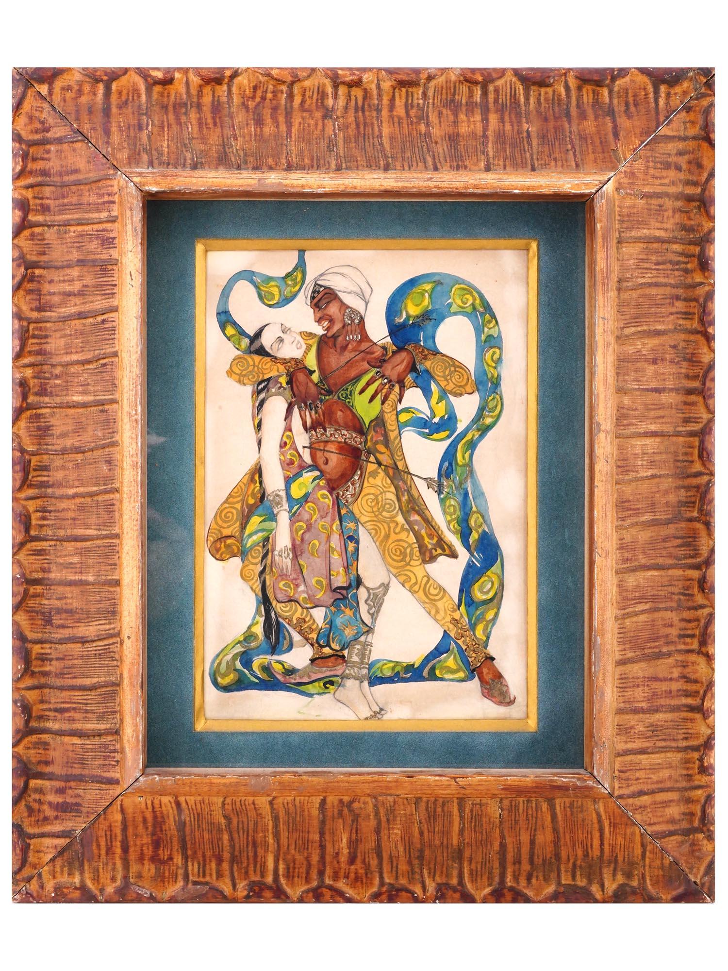 RUSSIAN WATERCOLOR PAINTING ATTR TO IRINA SCHTENBERG: Attributed to Irina Valerianovna Steinberg, Russian, Soviet era, 1905 to 1985, watercolor painting on paper, design for a theatre costume depicting an Oriental couple. Unsigned. Framed. Inscribed in C
