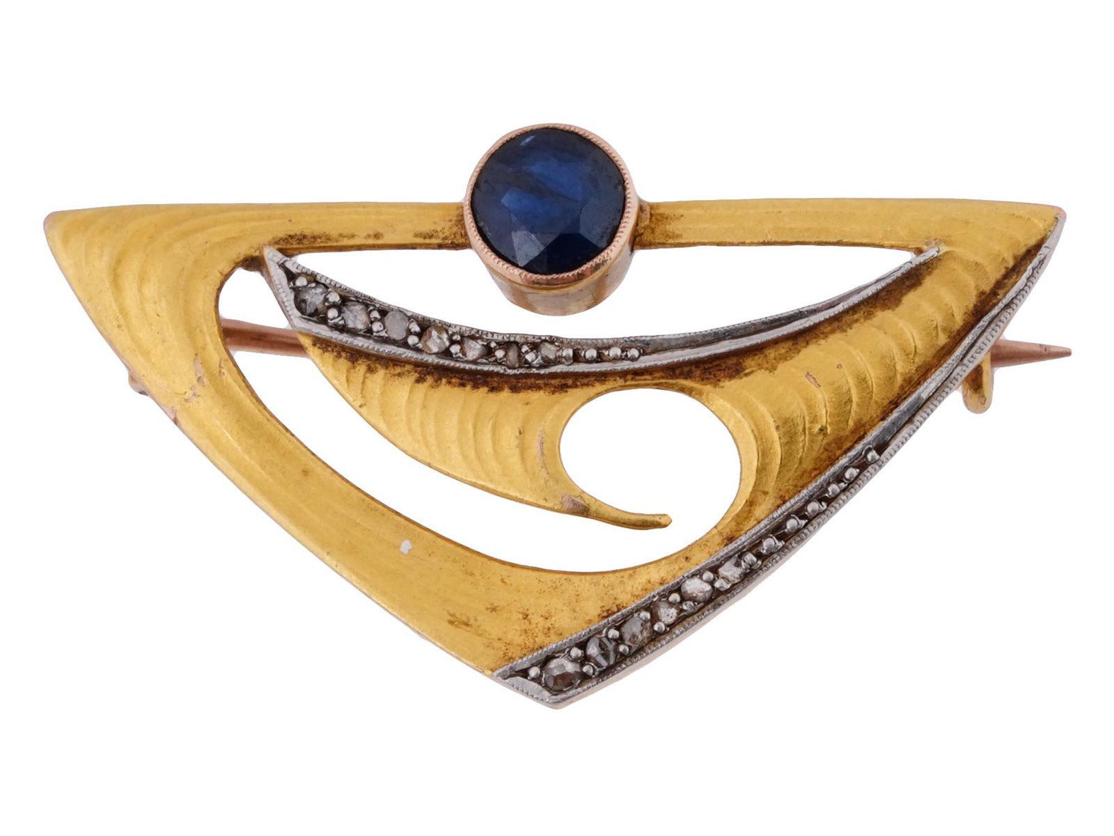 14K GOLD RUSSIAN ART DECO MARCASITE SAPPHIRE BROOCH: A Russian 14K Gold jewelry brooch made in the Art Deco manner, adorned with openwork and engraved designs. The brooch is encrusted with a Sapphite stone and marcasite stones. Marked with a standard Ru