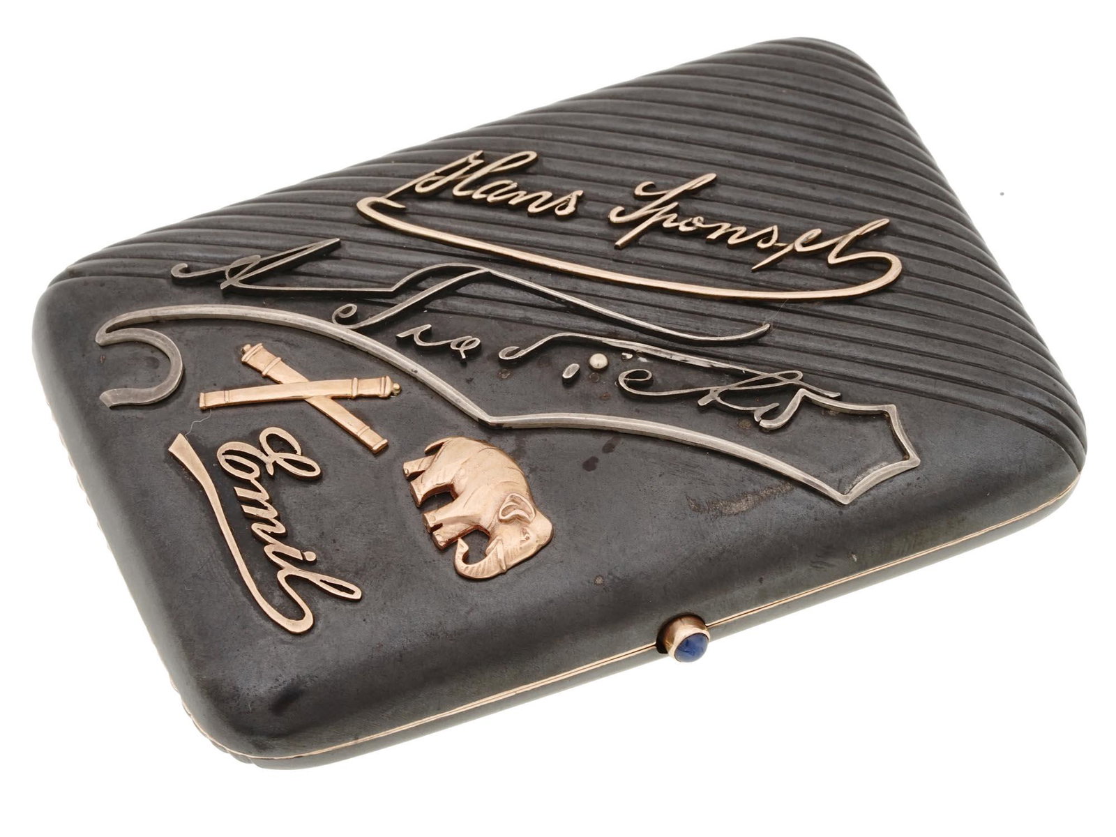 RUSSIAN FABERGE GUN METAL AND GOLD CIGARETTE CASE: An Imperial Russian gunmetal cigarette case with a hinged lid. The clasp is embellished with a sapphire cabochon. The piece is richly decorated with gold mounts representing stylized monograms and per