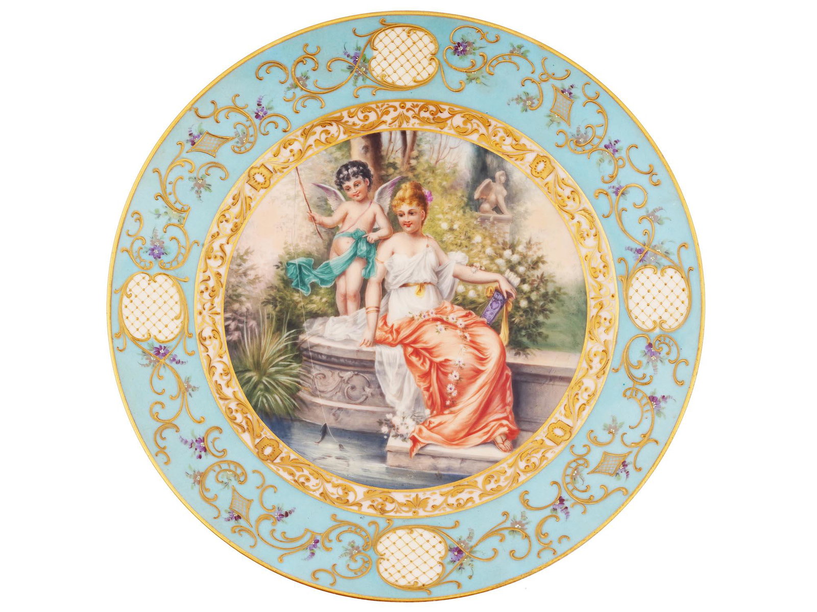 ANTIQUE ROYAL VIENNA CUPID CABINET PORCELAIN PLATE: A vintage Royal Vienna hand painted porcelain plate. The plate is adorned with a hand painted image of a woman and a fishing cupid in a blossoming garden, after Hans Zatzka, German, 1859 to 1945. The 