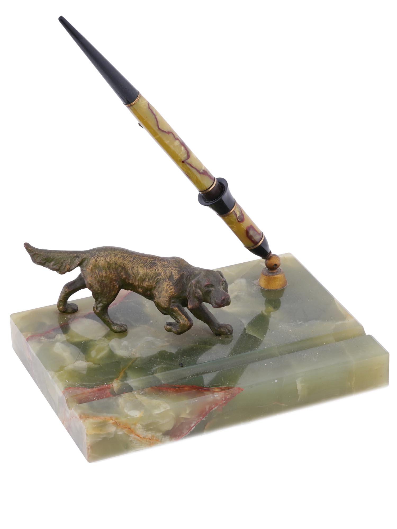 VINTAGE FOUNTAIN PEN DESK SET WITH 14K PEN AND DOG (1 of 12)