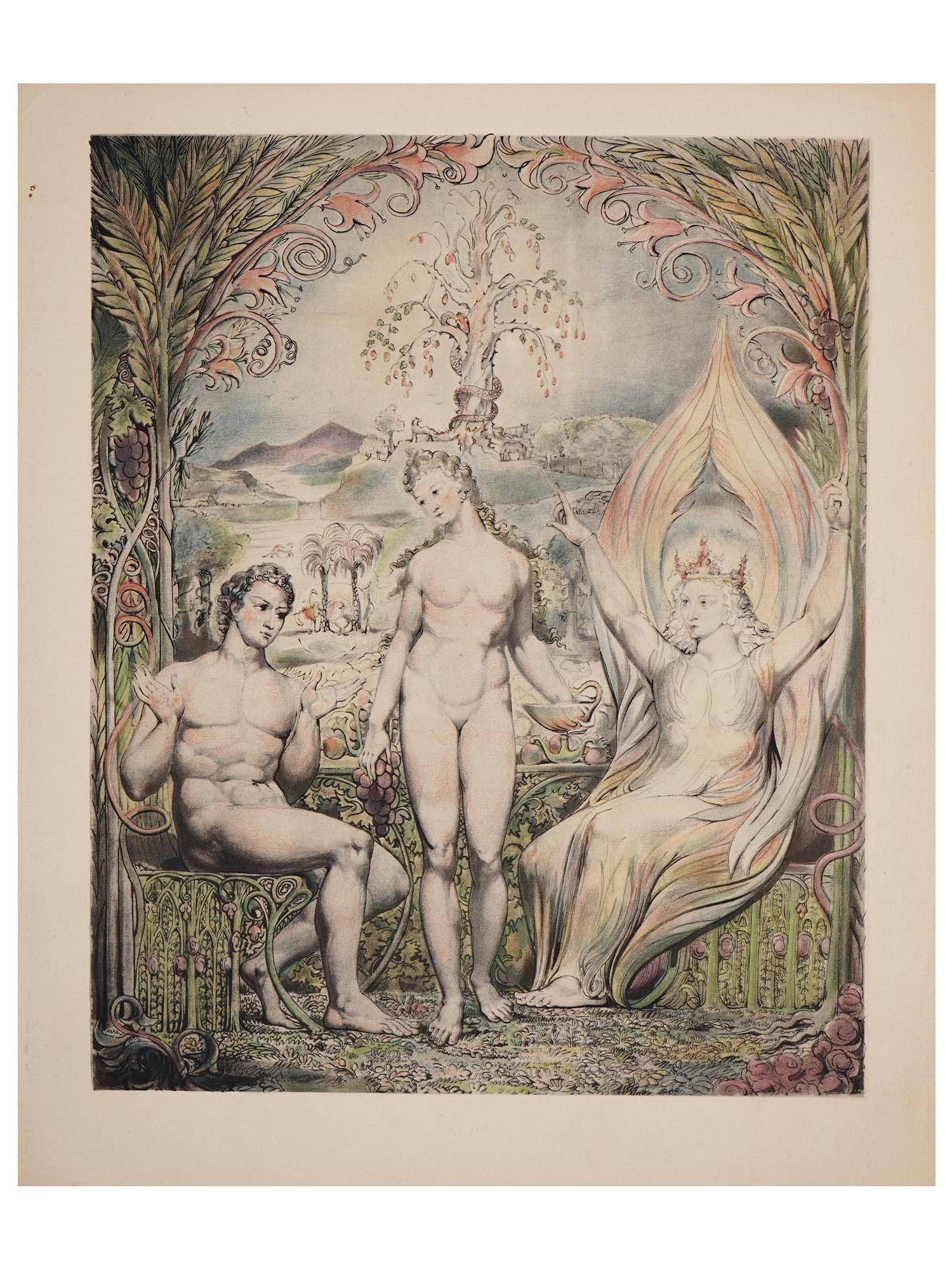 RELIGIOUS ENGLISH COLORED PRINT BY WILLIAM BLAKE: William Blake, English, 1757 to 1827, colored print on wove paper finished in pen and watercolor, Raphael Warns Adan and Eve, illustration for John Miltons, Paradise Lost, 1808. William Blake and John