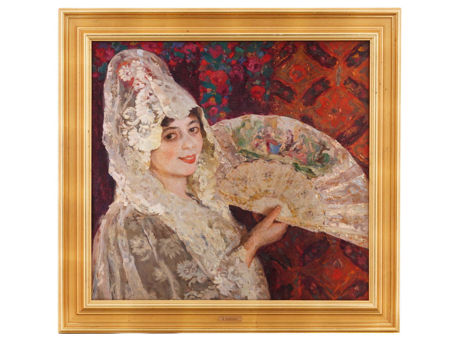 ARMENIAN PORTRAIT OIL PAINTING BY HOVSEP PUSHMAN: Hovsep Pushman, Armenian, American, 1877 to 1966, oil painting on canvas depicting a portrait of a woman with a fan. Framed. A plate showing the name of the artist, H. Pushman, on the front of the fra