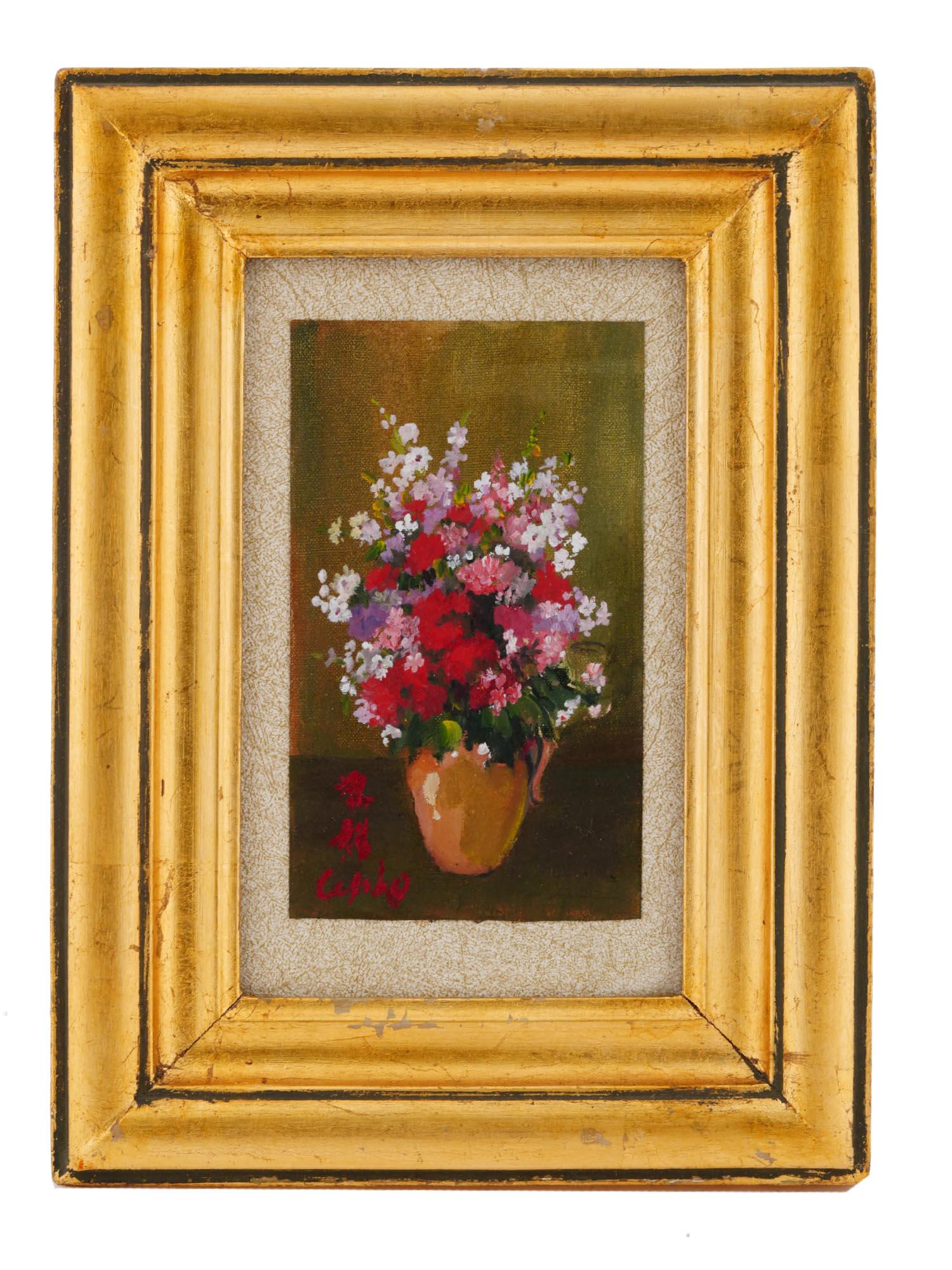 VIETNAMESE FRENCH FLOWERS OIL PAINTING BY LE PHO: Le Pho, Vietnamese, French, 1907 to 2001, oil painting on canvas mounted on board depicting a still life with flowers. Signed with Hieroglyphs and in Latin, lower left. Circa: 1960s to 1970s. Framed.