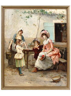 FRENCH GENRE SCENE OIL PAINTING BY EMILE PINCHART: Oil on canvas painting by Emile-Auguste Pinchart, 1842 to 1920, a French artist, student of Jean-Leon Gerome. The artwork depicts a genre scene, a young woman with her daughters and a maiden in the co