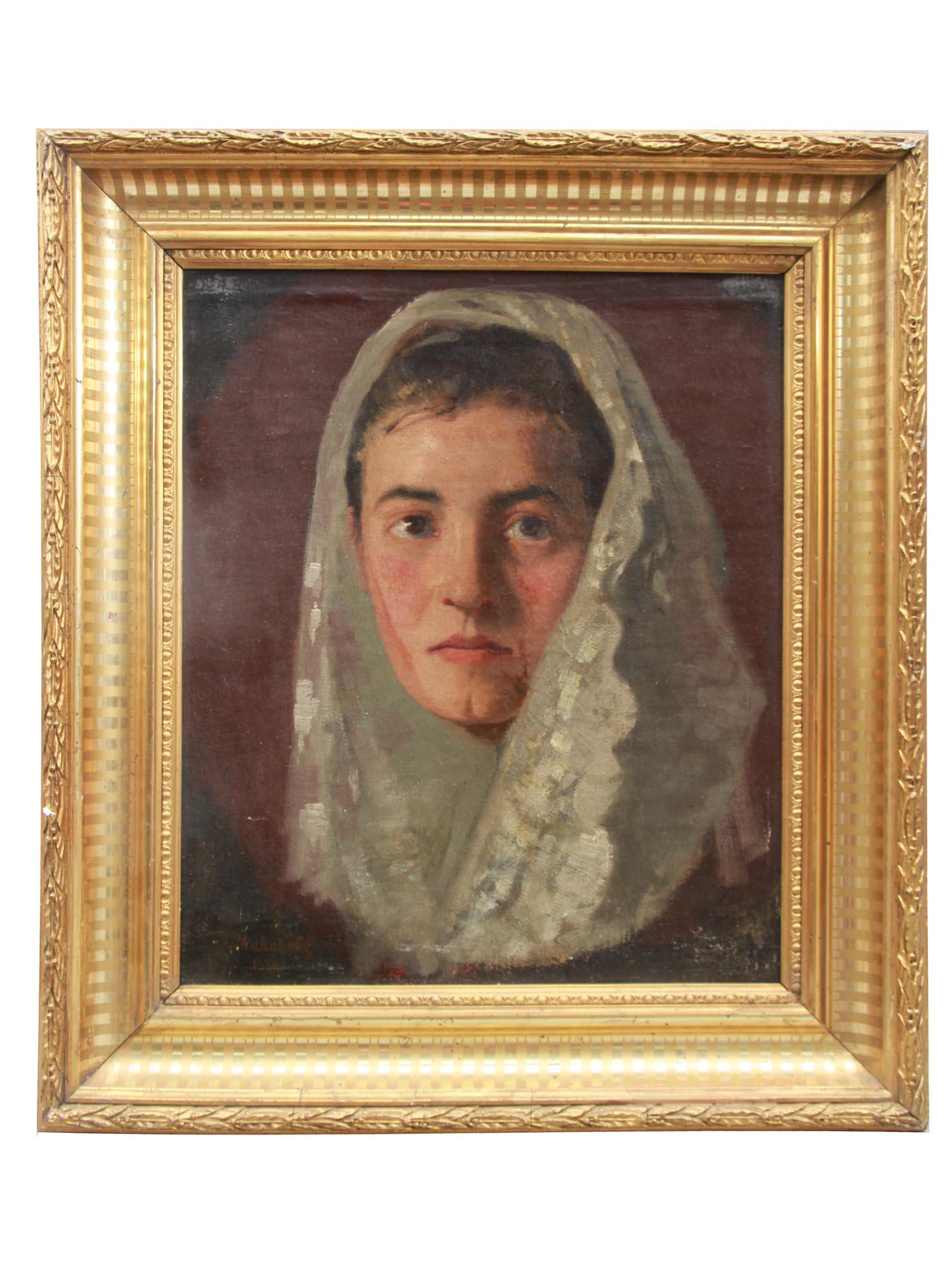 A RUSSIAN OIL PAINTING OF A WOMAN BY IVAN MAKAROV: A portrait of a woman covered with a shawl by Ivan Makarov (Russian, 1822-1897), a famous Russian portrait painter. Oil on canvas in a gilded frame. Singed lower left, dated 1890. Dimensions: Framed 1