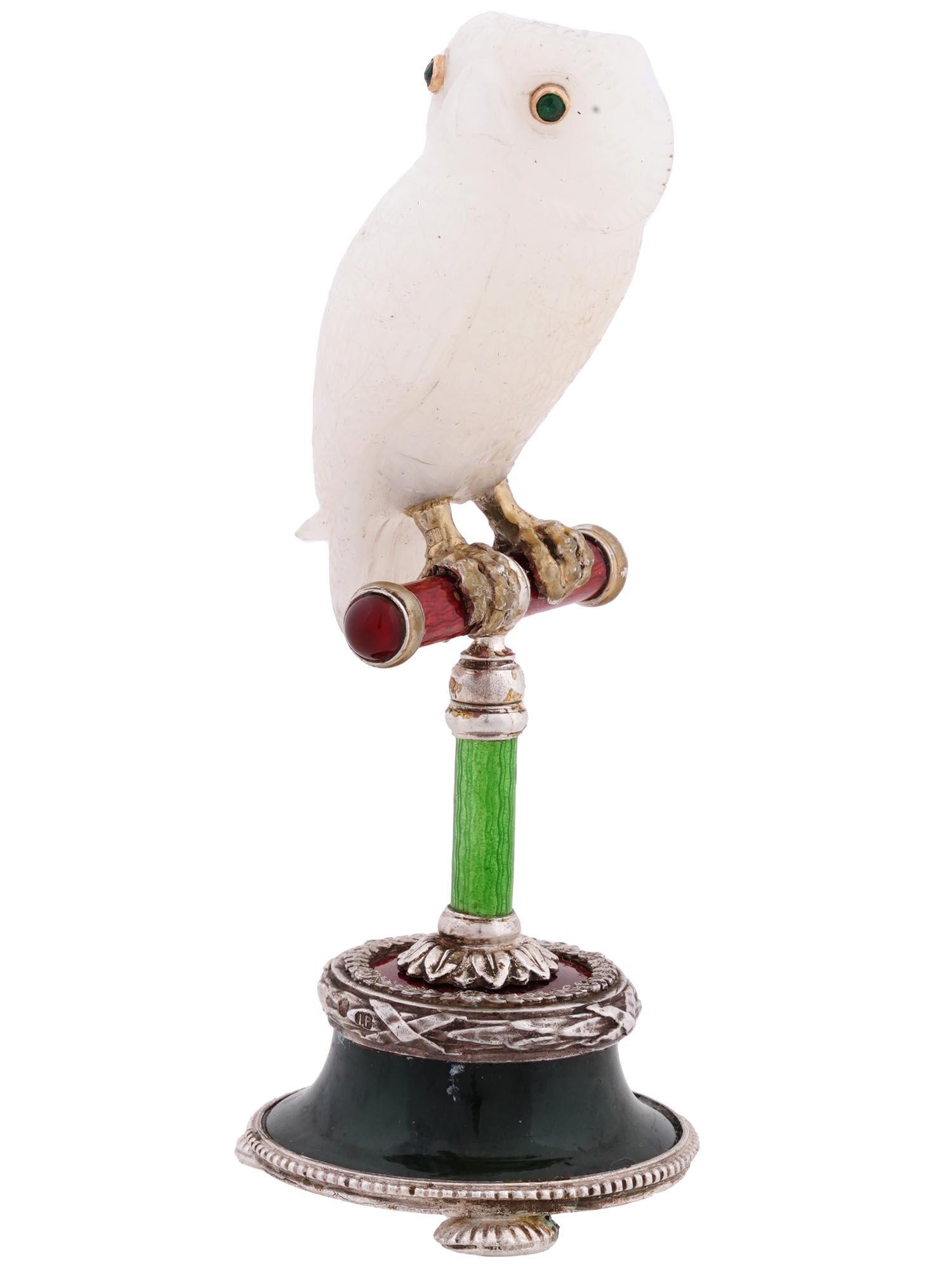 Russian 84 Silver Enamel Carved Jade Owl Figurine Auction