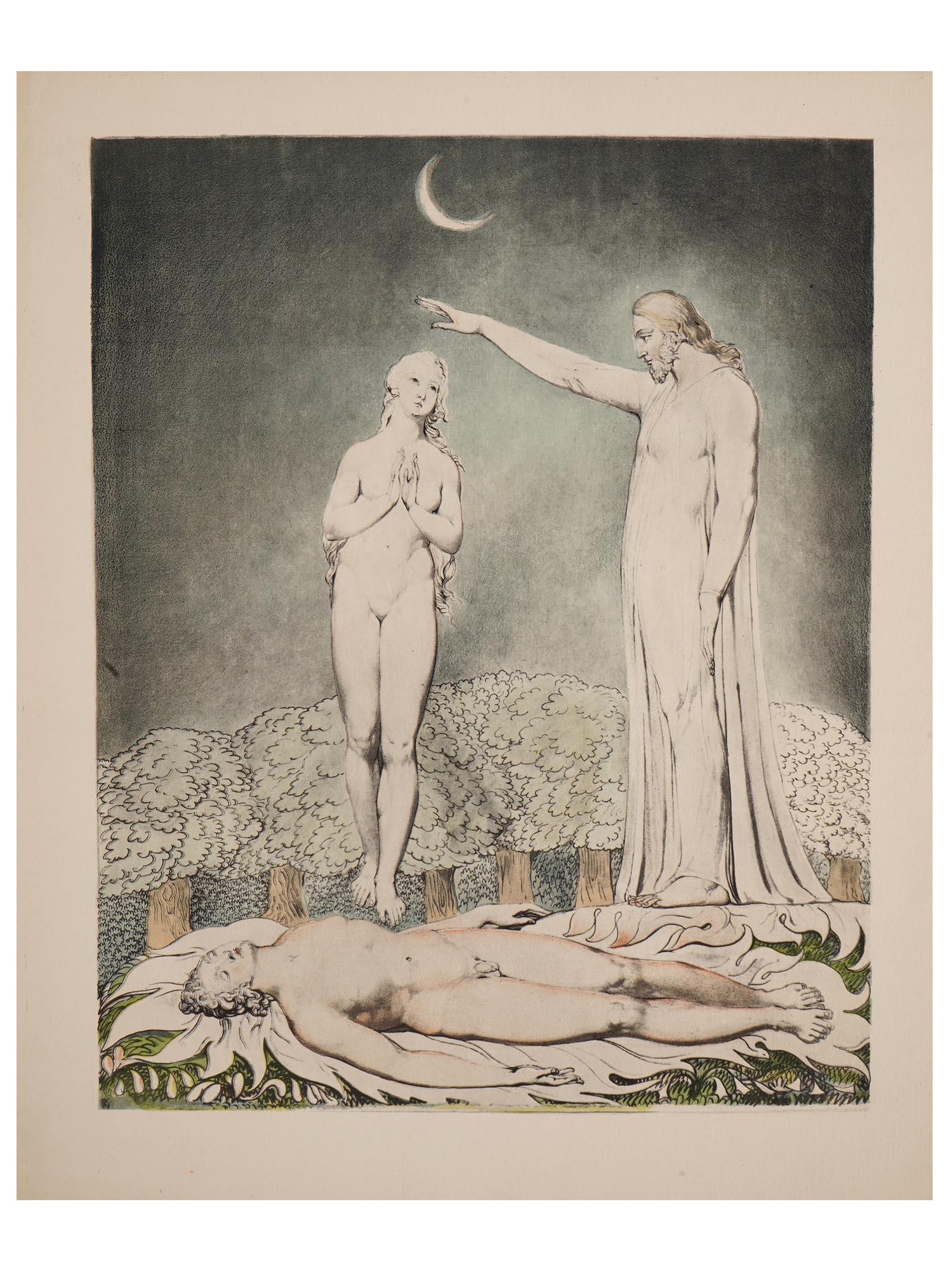 RELIGIOUS ENGLISH COLORED PRINT BY WILLIAM BLAKE: William Blake, English, 1757 to 1827, colored print on wove paper finished in pen and watercolor, The Creation of Eve, illustration for John Miltons, Paradise Lost, 1808. William Blake and John Milton
